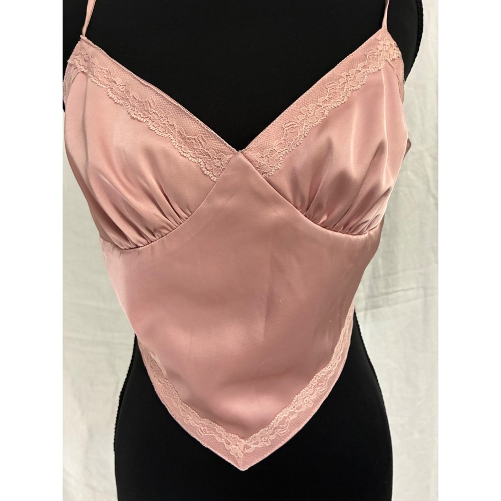 Mabel Cami Top Womens Small Pink Ballet Satin Lace Trim Handkerchief Tie Back